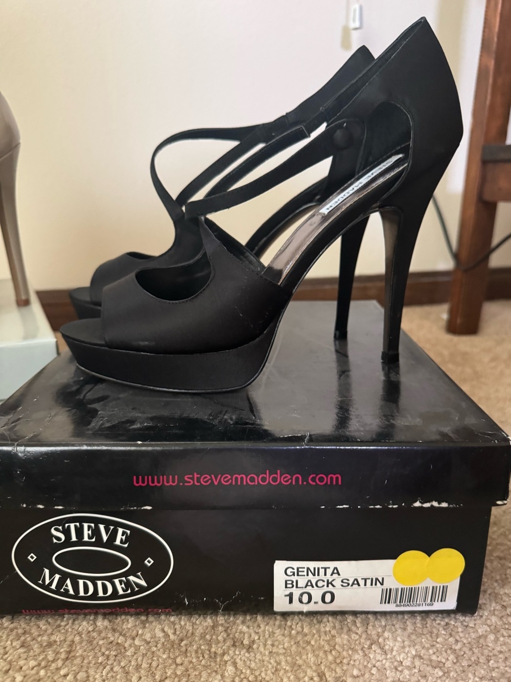 Steve Madden Black Satin Peep-Toe Platform Heels